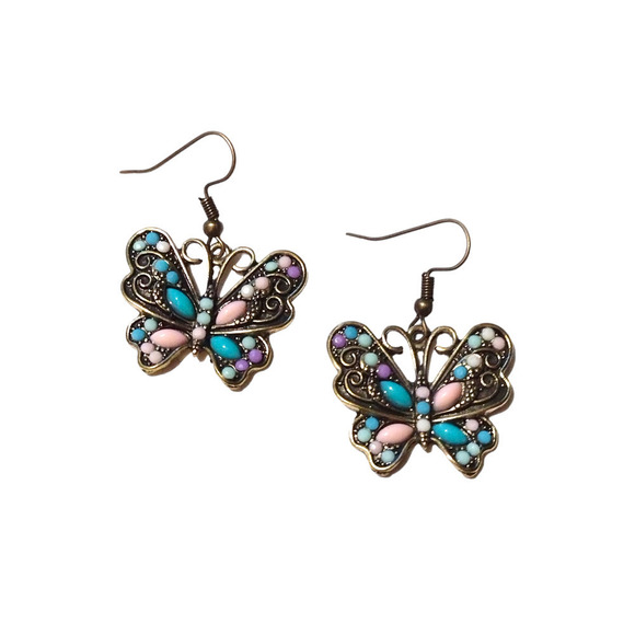 Butterfly Earrings Dangle Colorful Earrings Butterflies Antique Gold Funky Vibe - Picture 4 of 7